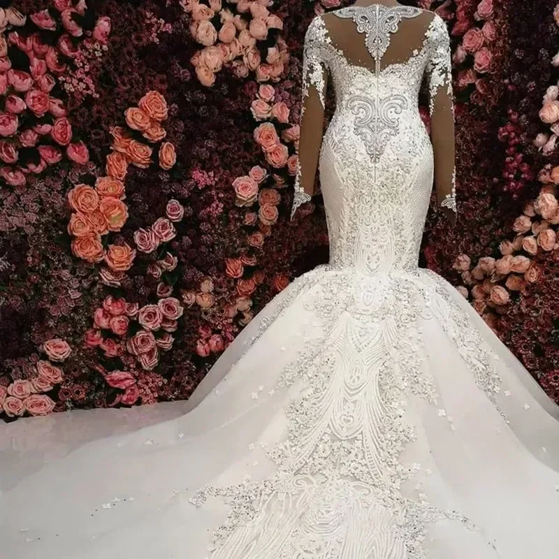 Aangepaste lieverd kristallen kralen zeemeermin trouwjurk Robe De Mariée volledige mouwen zeemeermin luxe plus size bruidsjurk