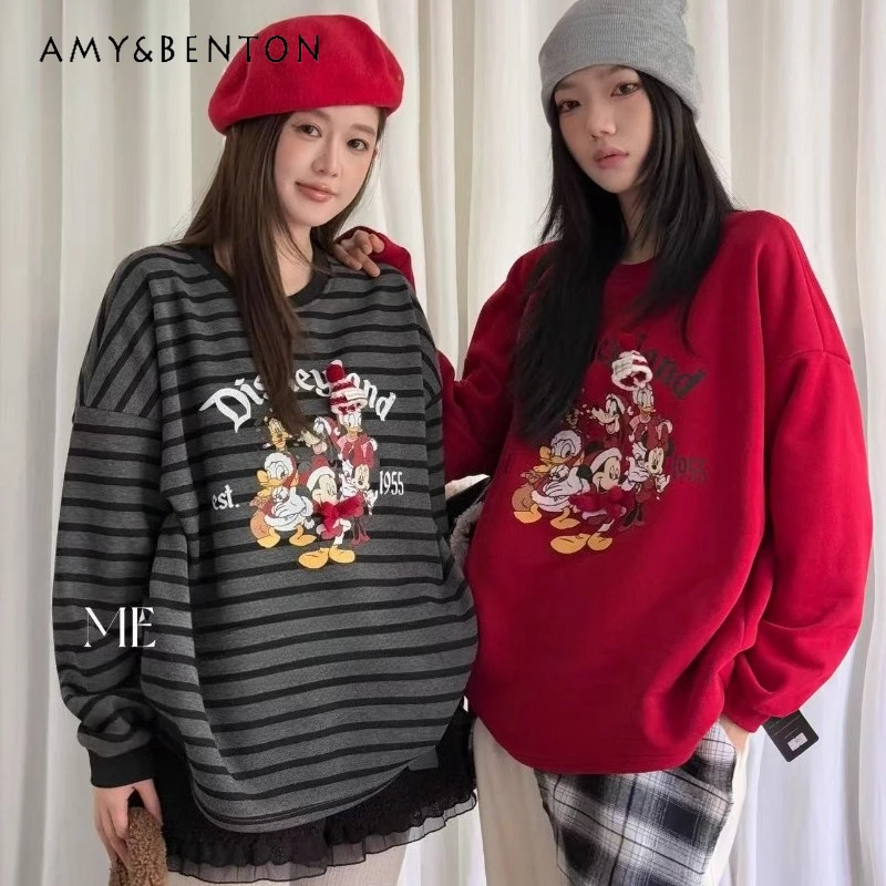 

Retro Spray Painting Christmas Cartoon Fleece-lined Thickened Loose Sweatshirt Ladies Crew Neck Versatile Top Hoodies Pullovers