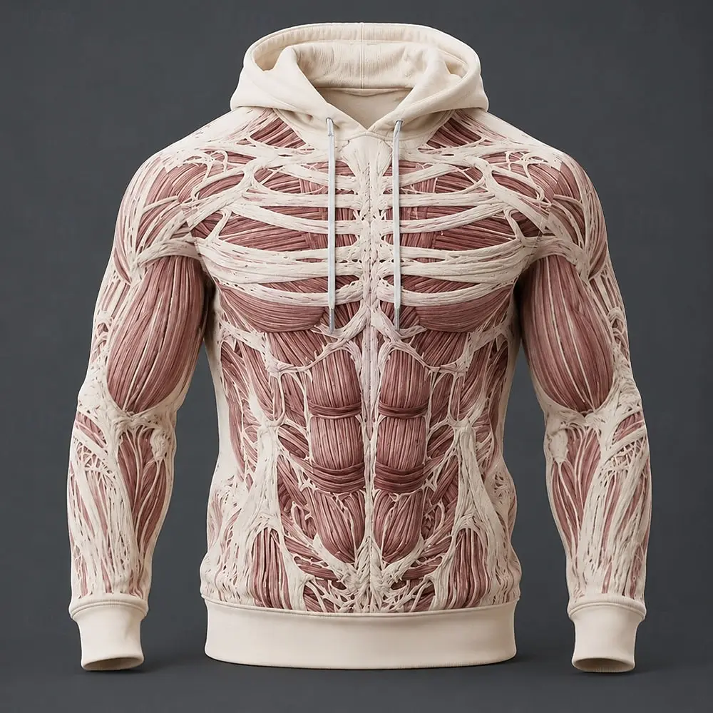 Men Anatomical Muscle Skeleton 3D Print Hoodie Long Sleeve Drawstring Pocket Pullover Novelty Streetwear Casual
