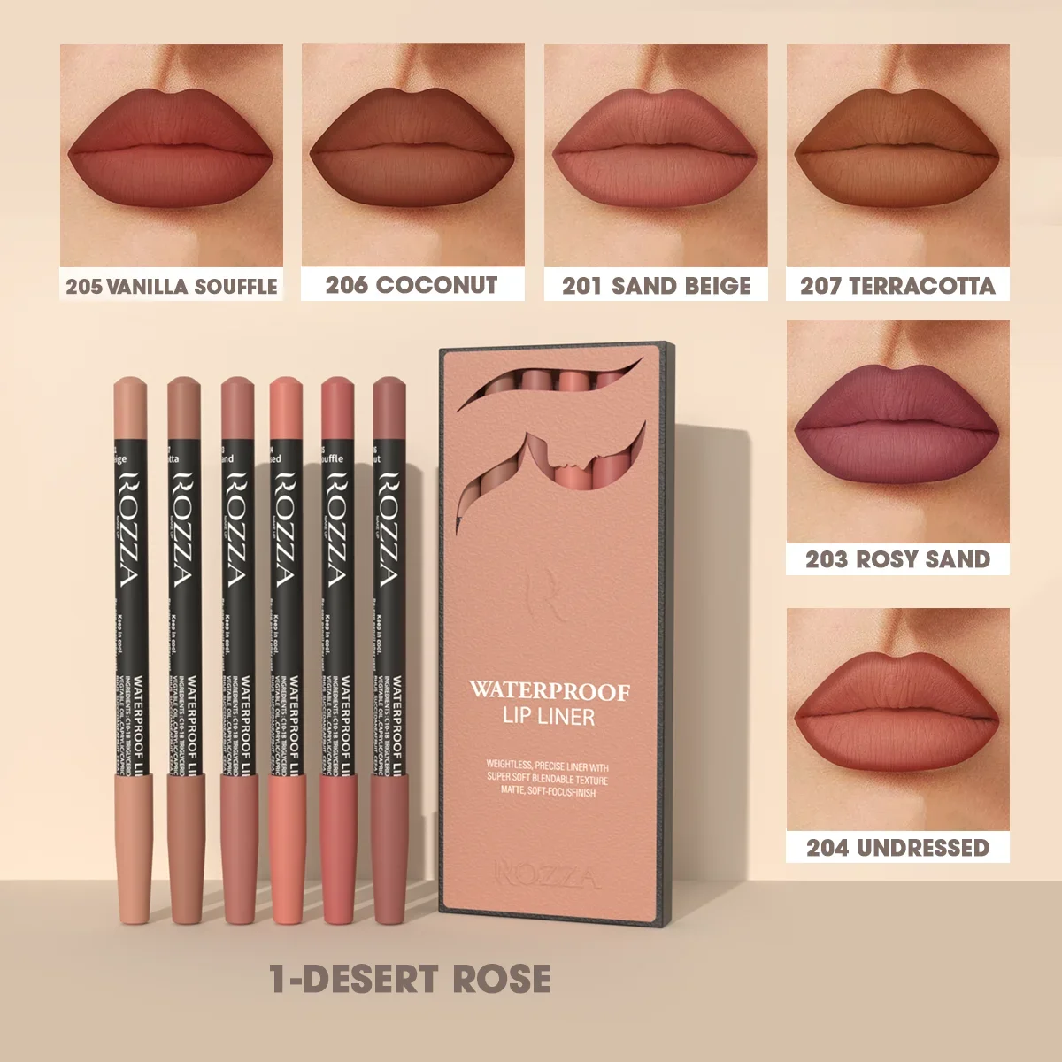 Rozza 6pcs Lip Liner Set,Velvet Matte Long-Lasting Waterproof Super Soft Blendable Texture Matte Soft Lip Liner