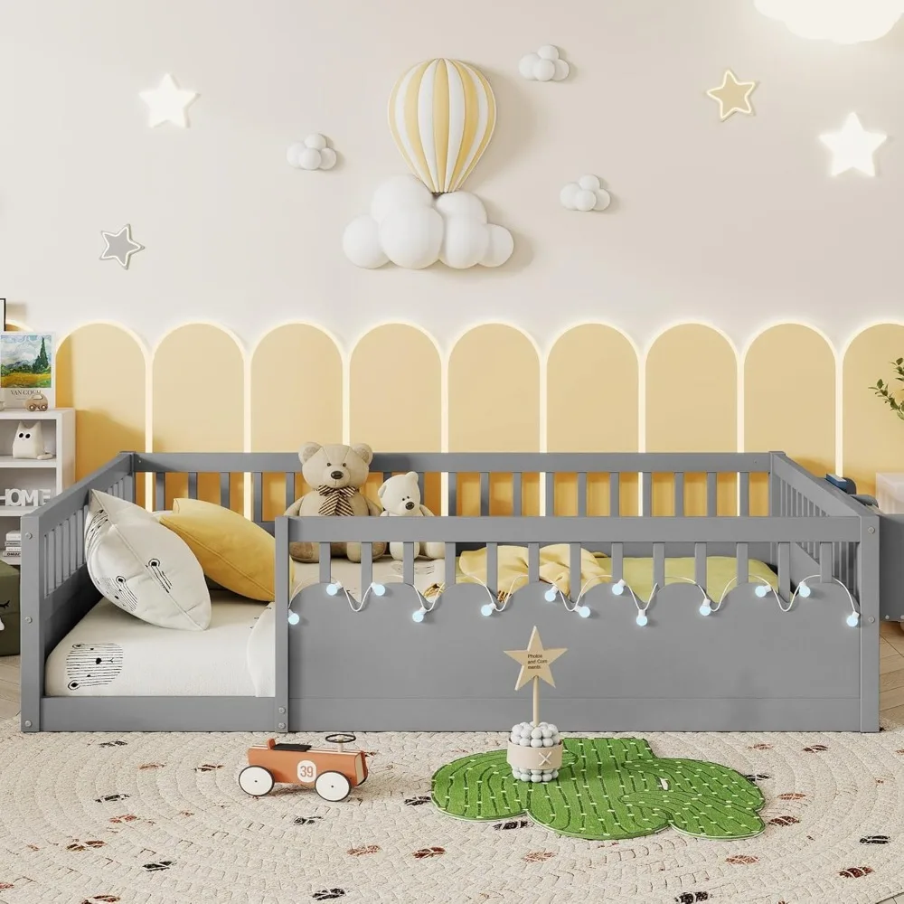 Cama de plataforma de tamanho completo de madeira Montessori com luz e armazenamento, trilhos seguros para dormir com economia de espaço para meninos