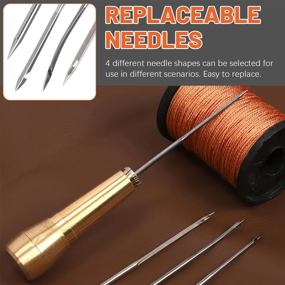 DIY Leder Nähset Leder Nähen Ahle Nadel mit Kupfer Griff Set Leder Leinwand Zelt Schuhe Reparatur Werkzeug 3-farbiges Faden – Detail 10