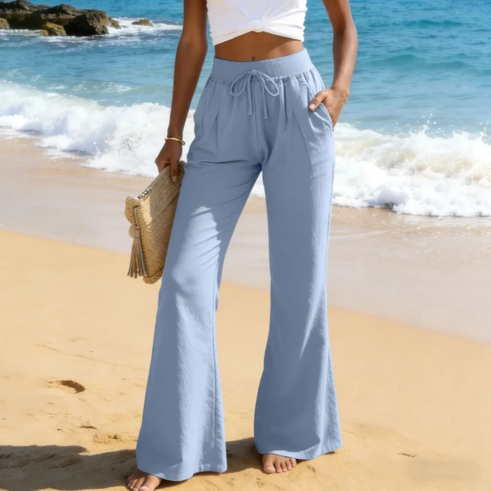 

Womens Linen Pants Summer Boho Elastic High Waist Wide Leg Pants Fashion Solid Casual Beach Vacation Trousers With Pockets