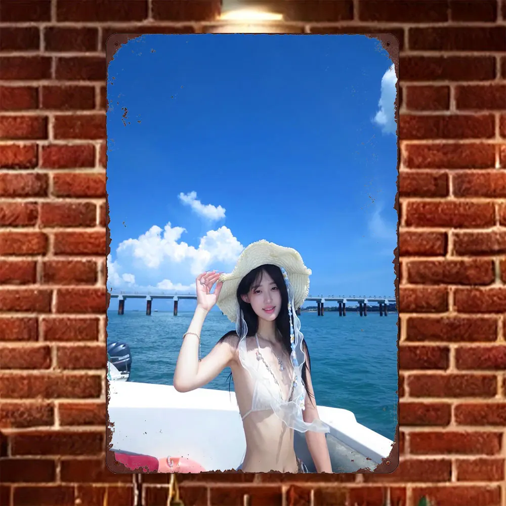 HD Tin Sign Vintage Asian Girl in White Bikini & Straw Hat on Boat Metal Wall Art Retro Decor for Home Bar Cafe