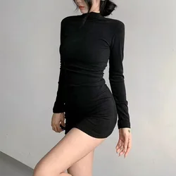Fashion New Solid Half High Collar Dresses Autumn Winter Women Long Sleeves Sexy Bodycon Mini Dress Club Elegant Party Dresses