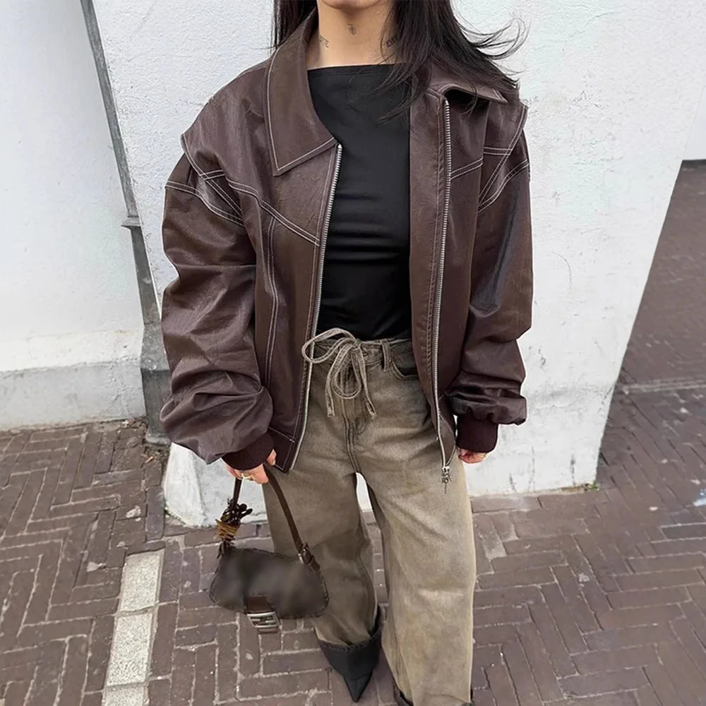 Chaquetas de piel sintética para mujer, abrigos holgados con cuello vuelto y cremallera lisa, cárdigan de calle empalmado de manga larga con cremallera para otoño