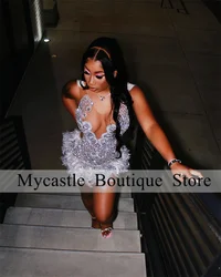 Sexy Silvers Diamond Feathers Short Prom Dresses 2025 Black Girls Crystals Rhinestones Cocktail Dress Birthday Gowns Customized