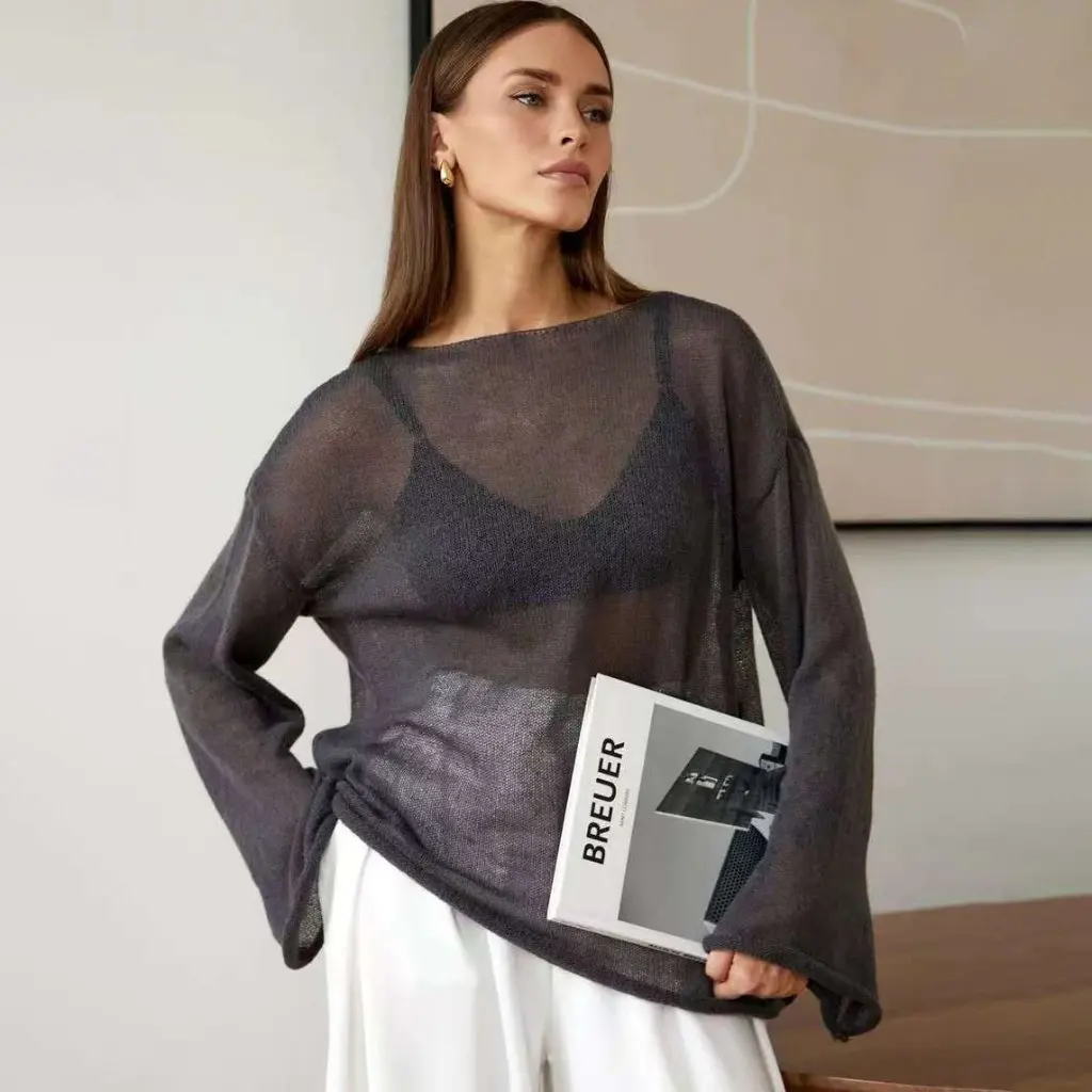 

Women's Spring Summer Thin Large round Neck Horn Sleeve Knitted T-shirt Hollow Perspective Knit Sweater for