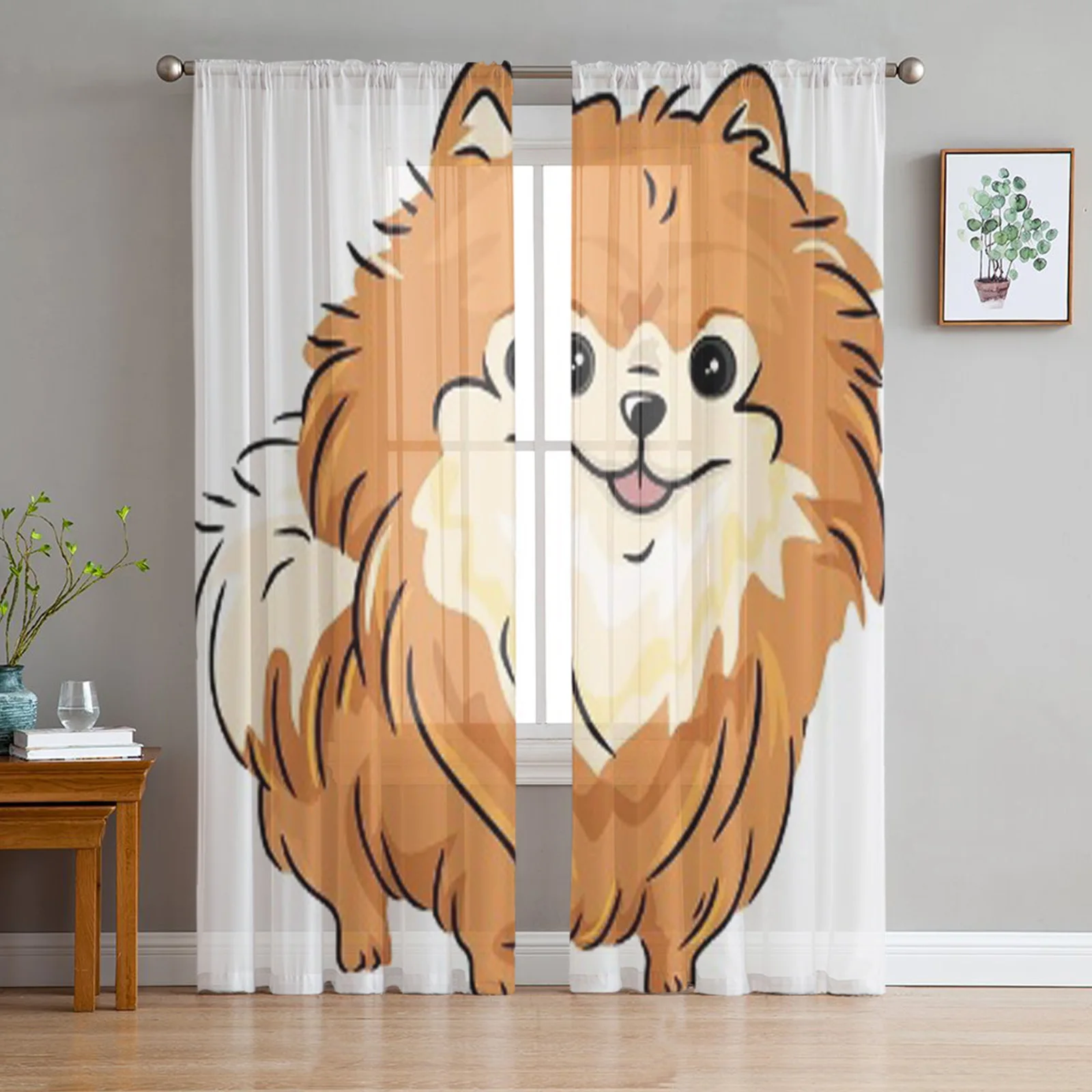 Featuring A Pomeranian Pet Dog Bay Window Screening Curtains Drape Sheer Tulle For Living Room Bedroom Voile Organza Curtains