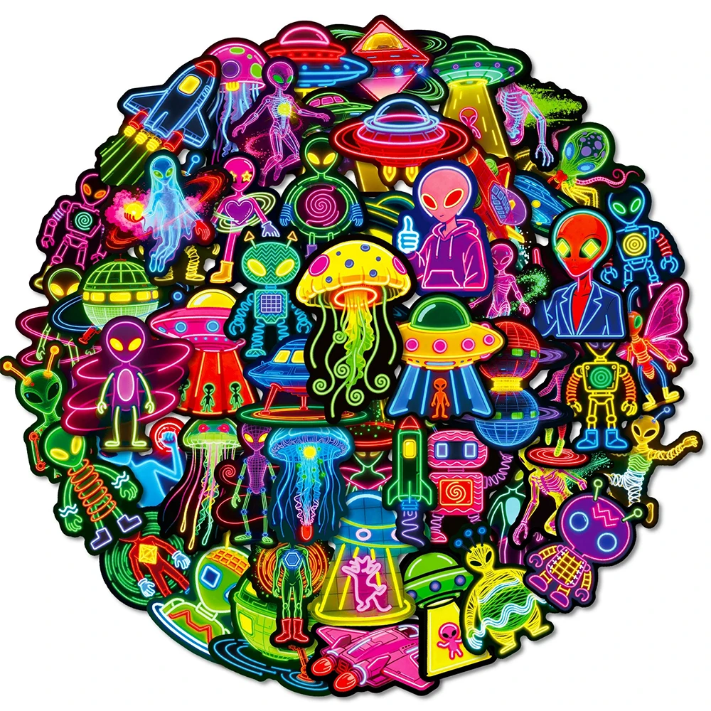 

10/30/56pcs Cartoon Neon Alien UFO Stickers Cool Spaceship Decals DIY Skateboard Phone Laptop Waterproof Graffiti Sticker Packs