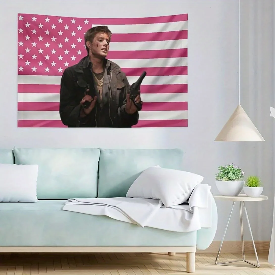 Customization Supernatural Jensen Ackles Dean Winchester Pink US Flag Tapestry | Bold Print, Eye-Catching Dorm Decor, Perfect Pa
