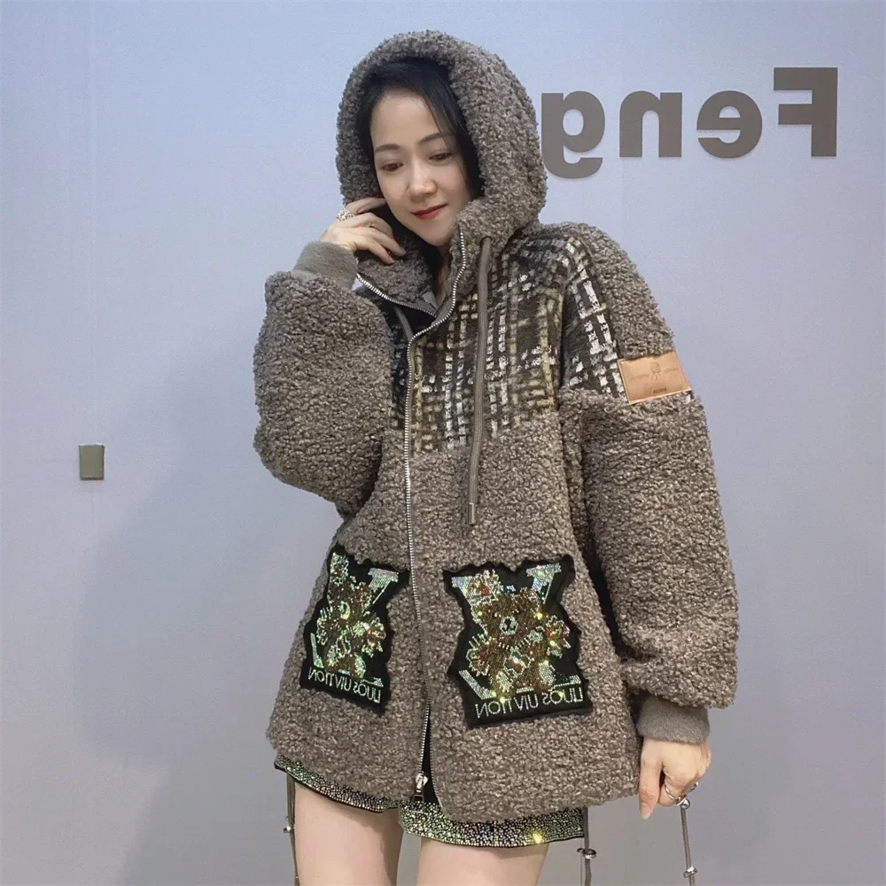 Fashion Autumn Winter Lambswool Coat for Women Loose Hooded Overcoat Streetwear Mid-long Cartoon Hot Drilling Thicken Jackets