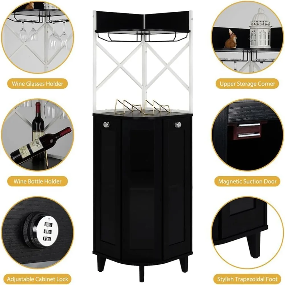 ตู้เก็บไวน์เข้ามุมพร้อมประตูกระจกแบบมีกุญแจและไฟ LED, ชั้นวางเครื่องดื่ม 4 ชั้น, บาร์สไตล์โมเดิร์นฟาร์มเฮาส์สำหรับห้องครัว