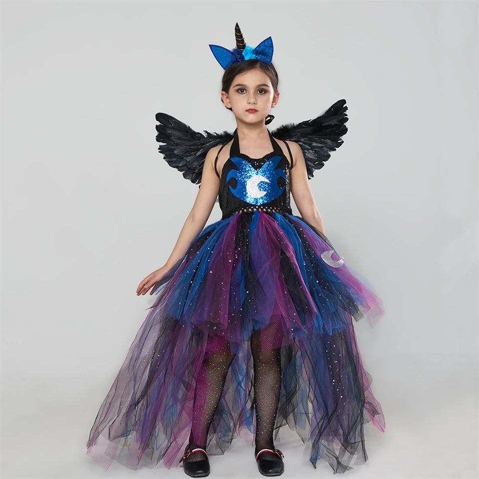 Halloween Cosplay Kids Floor Length Tail Unicorn Dress for Girls Nightmare Carnival Moon Princess Luna Party Masquerade Costume