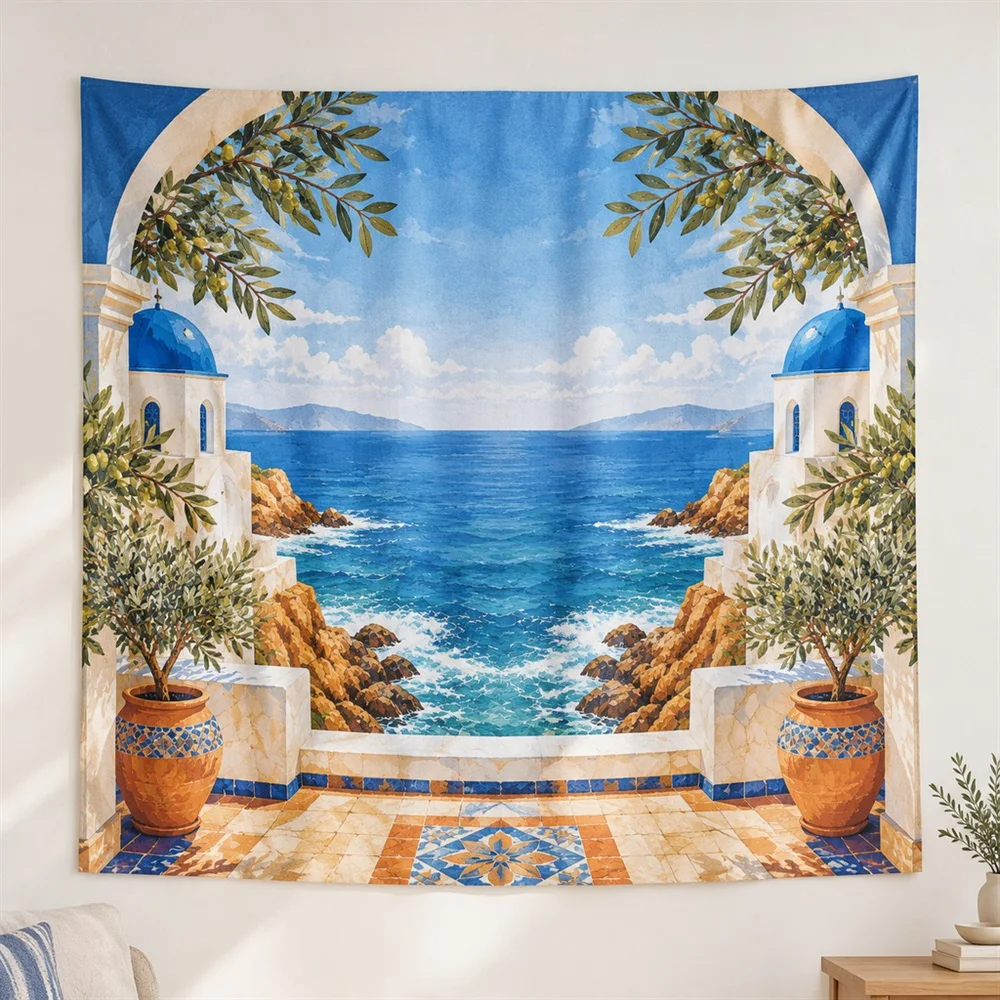 VIKAMA Coastal Rocks Mirror Symmetric Tapestry Wall Hanging, Mediterranean Wall Art Tapestries for Living Room Bedroom Entryway