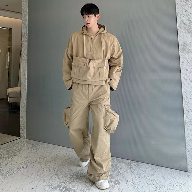 FEWQ 2024 Autumn Two-piece Multi-pocket Half-zip Pullover Cargo Hoodies Wide-leg Pants New Stylish Niche Male Suit 9C7088