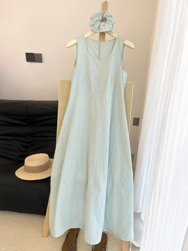 

Summer Thin Vest Dress Large Size Women's Simple Elegant Beach Vacation High Waist Loose Fit Gown Retro Style Breathable Fabric