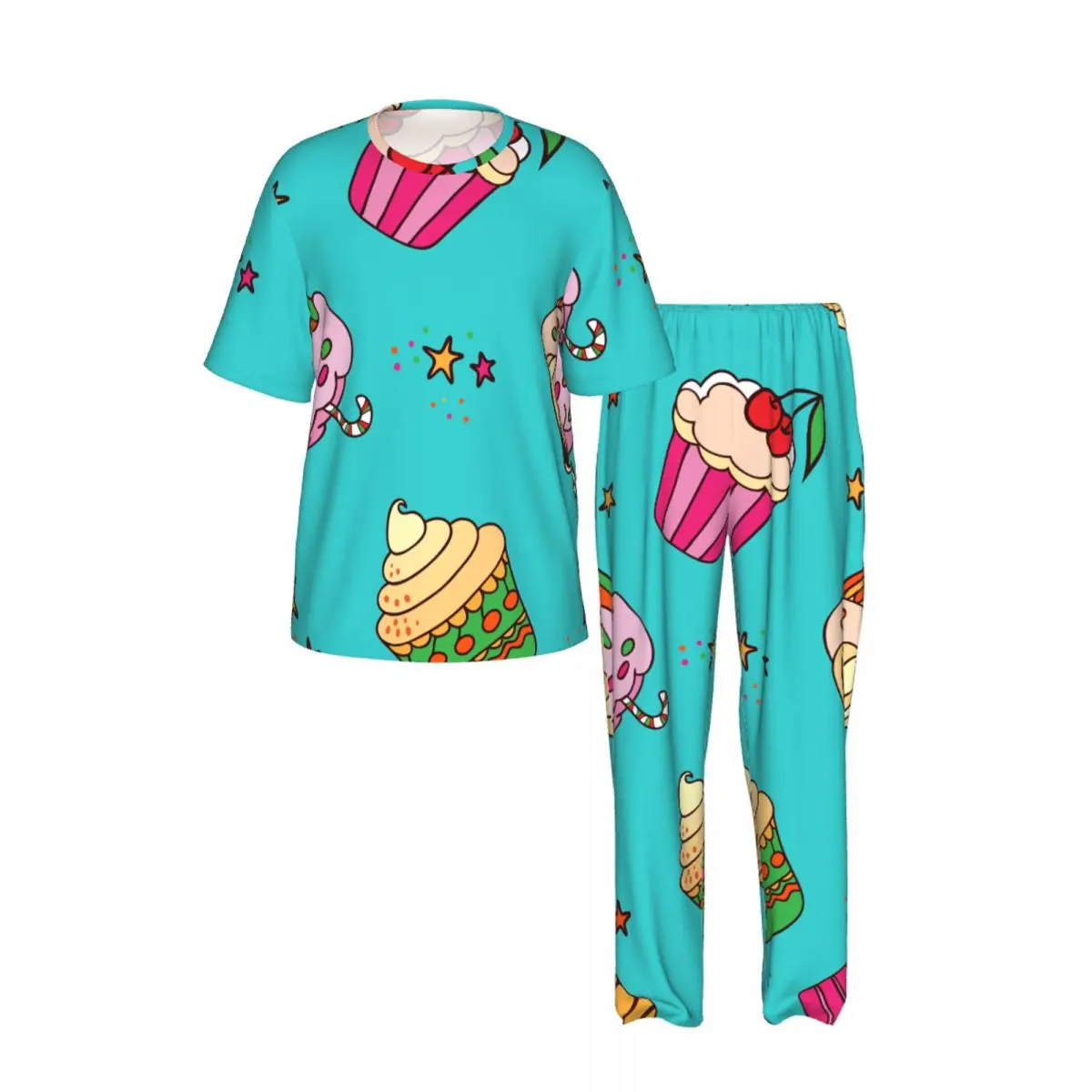 Sleepwear Summer Spring Home Clothes Sweet Cupcakes And Stars On Turquoise Short Sleeve Long Pant Nightwear
