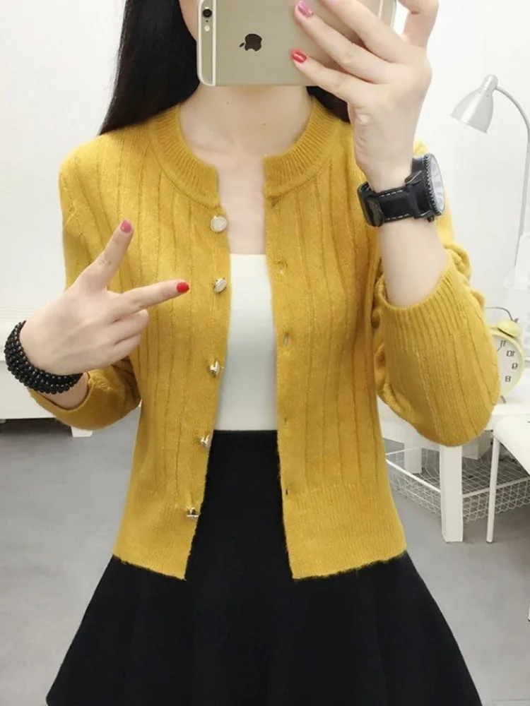 Women's Knitted ort Thin Sweater Jaet High Waist Base irt Faionable Spring Autumn Sweet Sle Pure Color Straight Cut