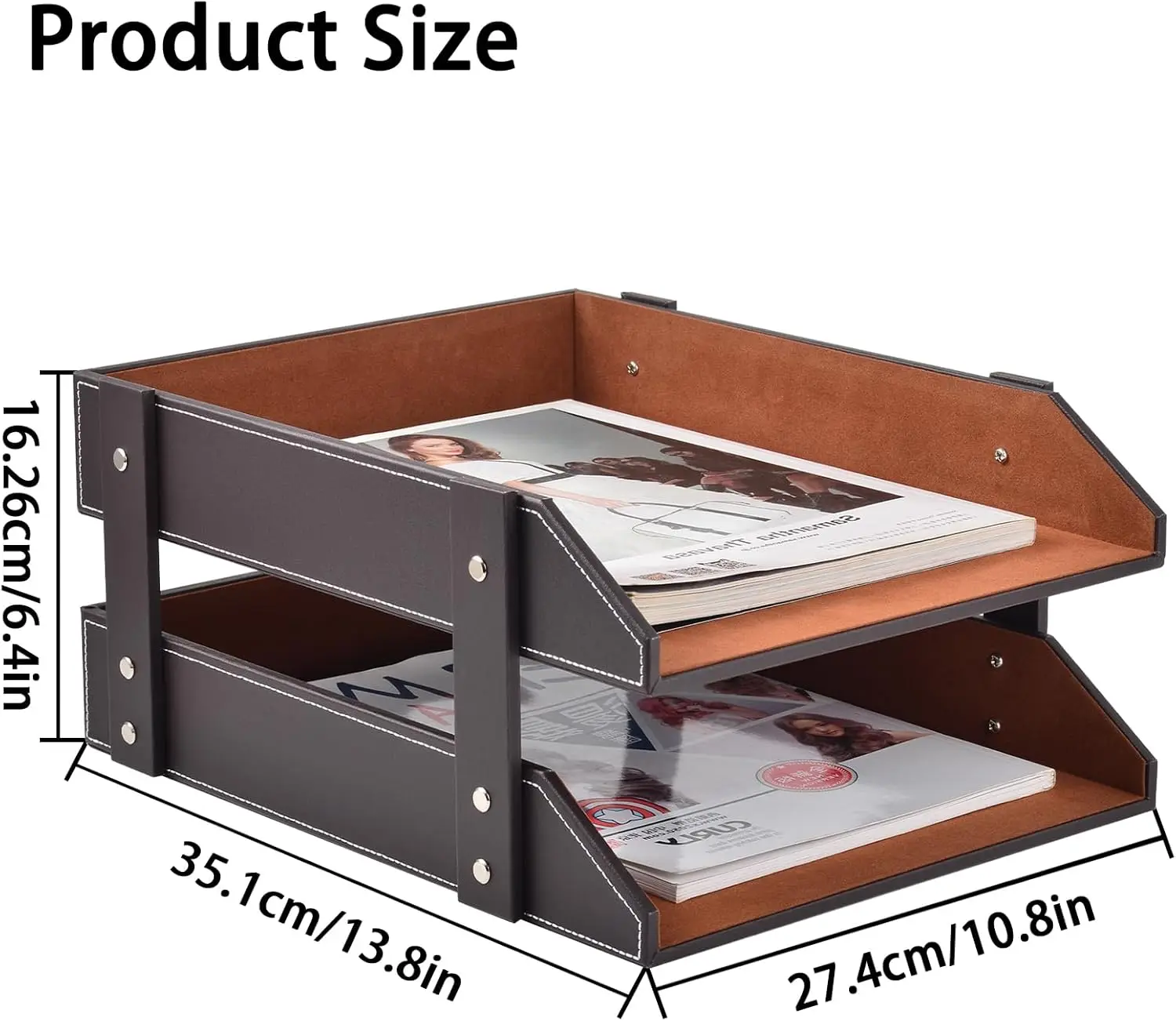 Leather Desk Organizer 2-Tier Stackable Letter Tray Holder,Office Supplies Desktop Storage Box For Document,Stationery,Magazines