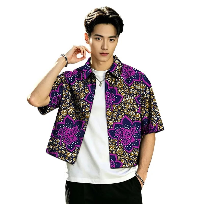 Summer Men's Short Shirts African Print Couture Street StyleHalf Sleeve Lapel Tops Designer Handmade Party Wear