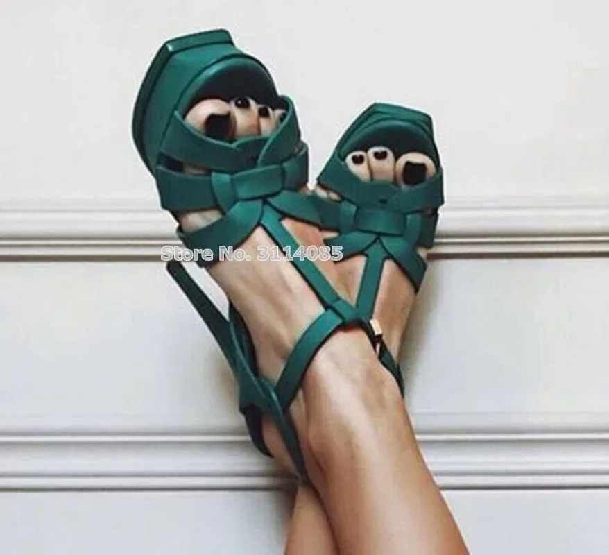 Designer Dark Green Matte Strappy Platform Sandals Women Stilettos T-Strap Hollow Out Open Toe Buckle Summer Dress Shoes Size43