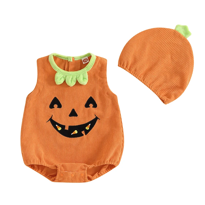 

Halloween Unsiex Infant Baby Pumpkin Costume Sleeveless Cosplay Romper with Hat for Boys Girls Cute Pumpkin Clothes