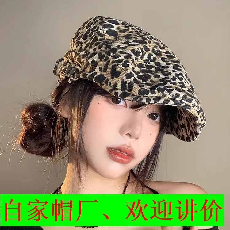 

Vintage Leopard Print Forward Hat Lady Autumn Winter Spring Show Face Little Spice Duck Tongue Beret Cool Subculture Cap M549