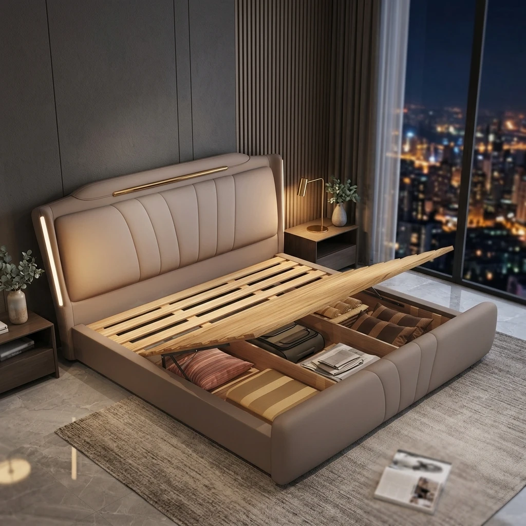 ^Modern French Tufted Soft Bed Headboard PU Leather Upholstery Pine Wood Frame Storage Space-Saving Durable Foam Queen/King Hote