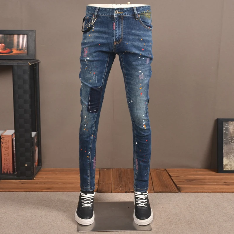 

Street Fashion Men Jeans Retro Blue Stretch Slim Fit Embroidery Painted Ripped Jeans Men Spliced Designer Hip Hop Denim Pants