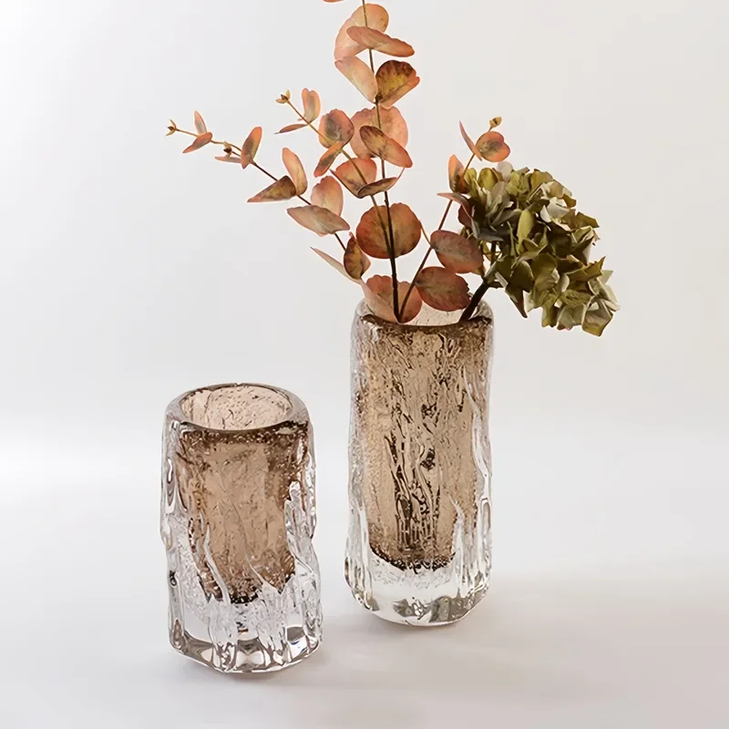 Modern Minimalist Glass Vase with Glacier Texture and Bark Pattern for Dried Flower Arrangement Home Decor Ornament Light