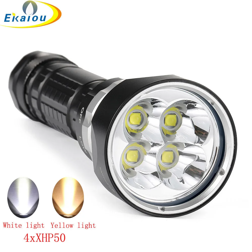 New Diving Flashlight 4xXHP50 LED IPX8 100M Underwater Catch Fish Tactical Torch Yellow/White Light Outdoor 26650 Scuba Lantern