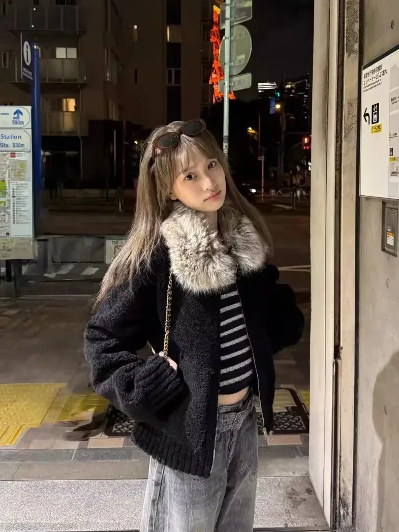 

Korean Sle Faionable Long Sve Lamb Fur Jaet Women's Spring New Design Flip Fur Collar ort Outerwear Top