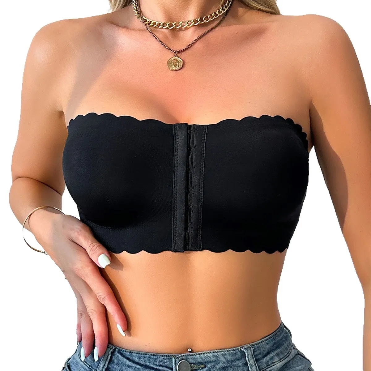 Front Button No Trace Bra, Seamless Support for Spicy Girl, Wavy Edge Wrap Around Chest, Strapless Bralette view 5