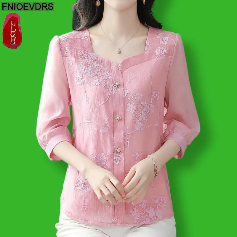 M-4XL 2024 Fashion Square Neck Button top donna Office Lady Pink Elegant Retro Vintage Lace Shirts camicette