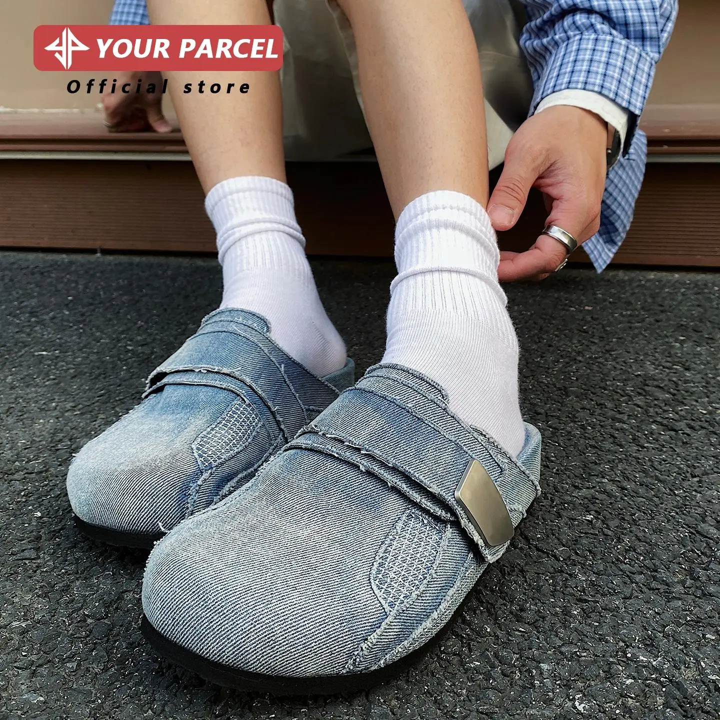 Washed denim cloth Boken shoes for men retro distressed design casual outdoor slippers backless and cork couple Mueller shoes