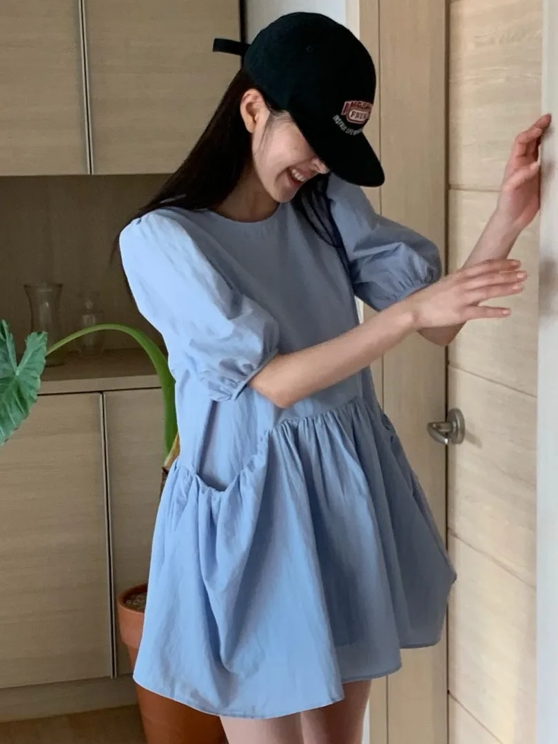 กระโปรงทรงบับเบิ้ลหลวมๆ สไตล์เกาหลี สีพื้น รุ่นใหม่สำหรับฤดูร้อน สีฟ้านม สไตล์ลำลอง เหมาะกับการเดินทาง