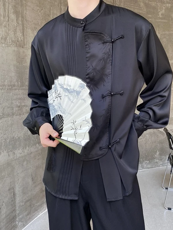 

Loose Fit Long Sve Men's irt Traditional Chinese Sle Button up Collar Versatile Trendy Outerwear Breathable Spring irt
