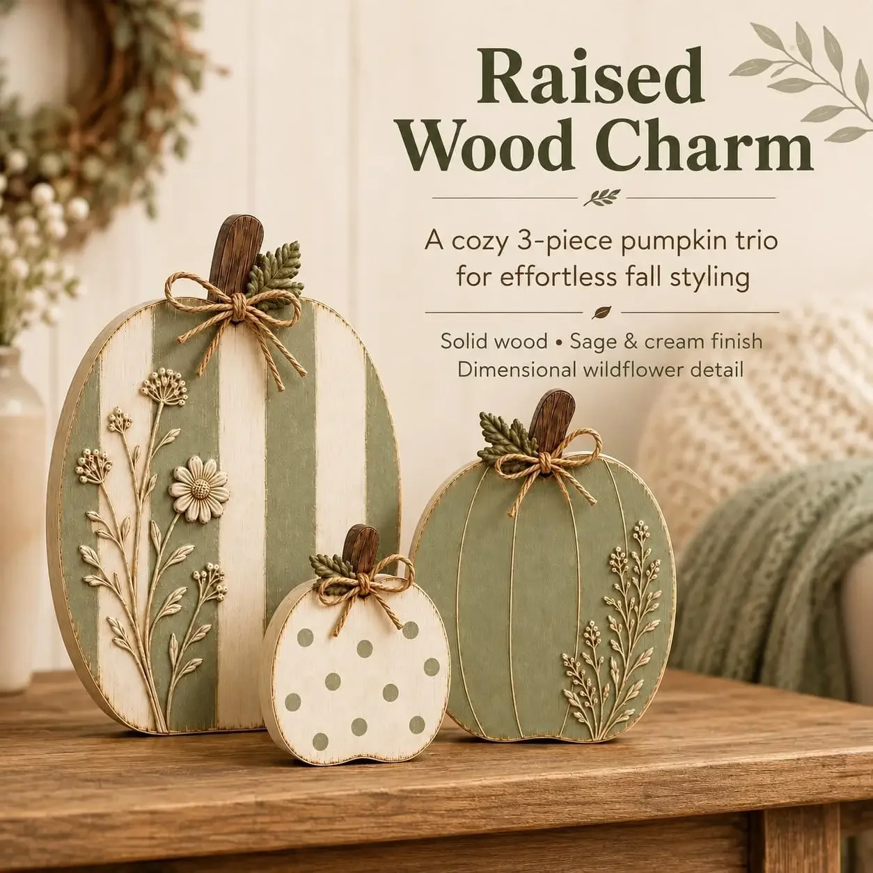 Sage Cream Raised Wildflower Solid Wood Pumpkin Tri,|Autumn Farmhouse Tiered Tray Decor Centerpieces with Rustic Wooden Pumpkins