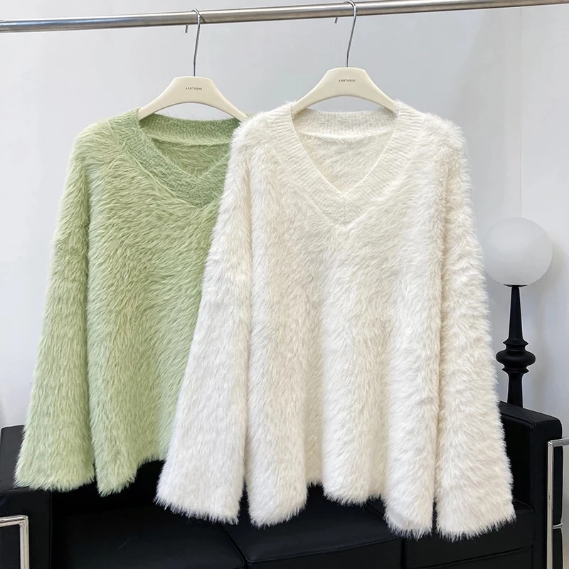 Autumn Winter Women's Oversize Mohair Sweater V-Neck Artificial Mink Cashmere Pullover Soft Top Jumper
