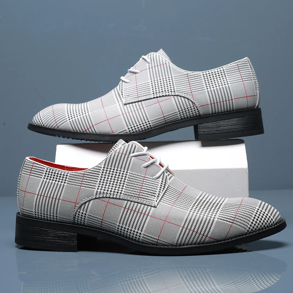 

2026 New Men's Derby Shoes Business Casual Lace Up Striped Breathable Leather Formal Footwear Comfortable Plus Size Office Wear