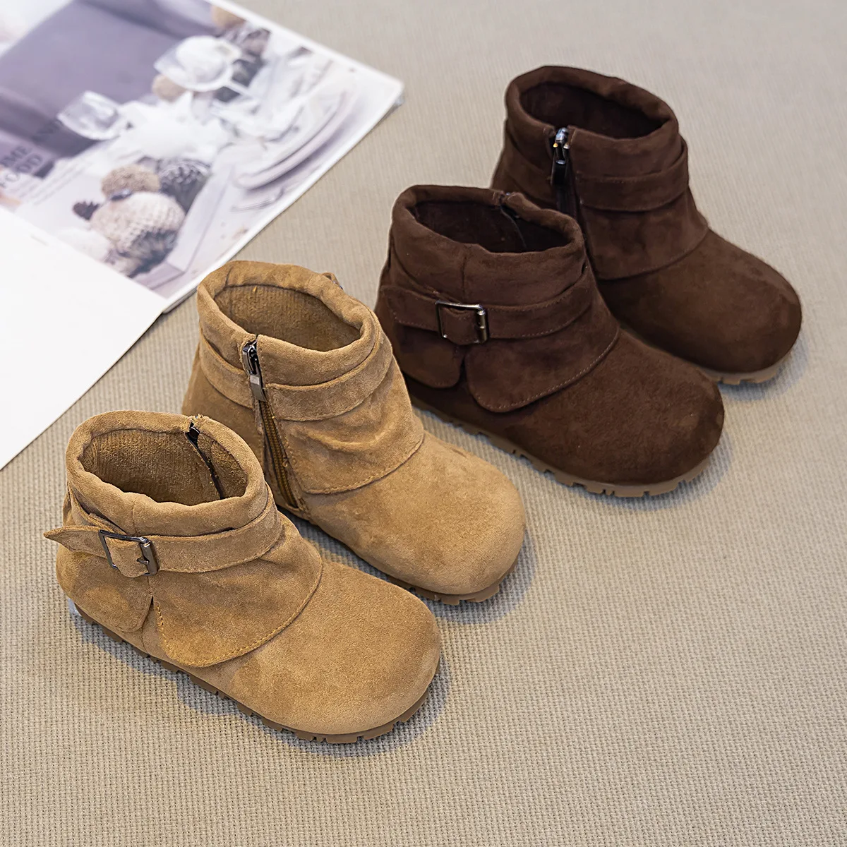 Kids'Boots Solid Color PU Leather Fashion Winter Shoes For Children Anti-slip Designer Warm Brown Khaki Shoes Size 26-37
