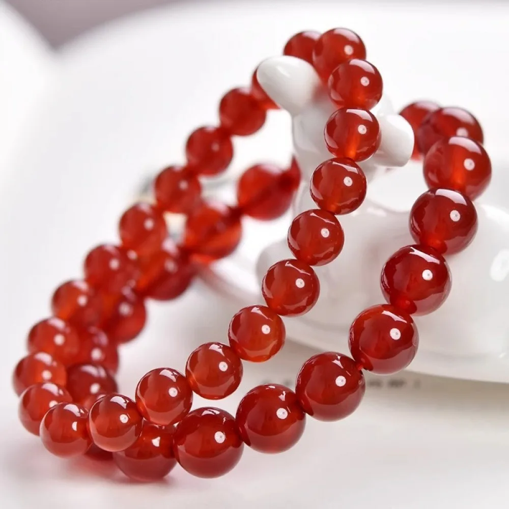 2 Pack Solid Red Imitation Agate Glass Bead Stretch Bracelets, Smooth Round Carnelian Look Elastic Strand Wrist Jewelry, Lucky Red Auspicious Bracelets for Women Men Daily Wedding Spring Festival Holiday Gift