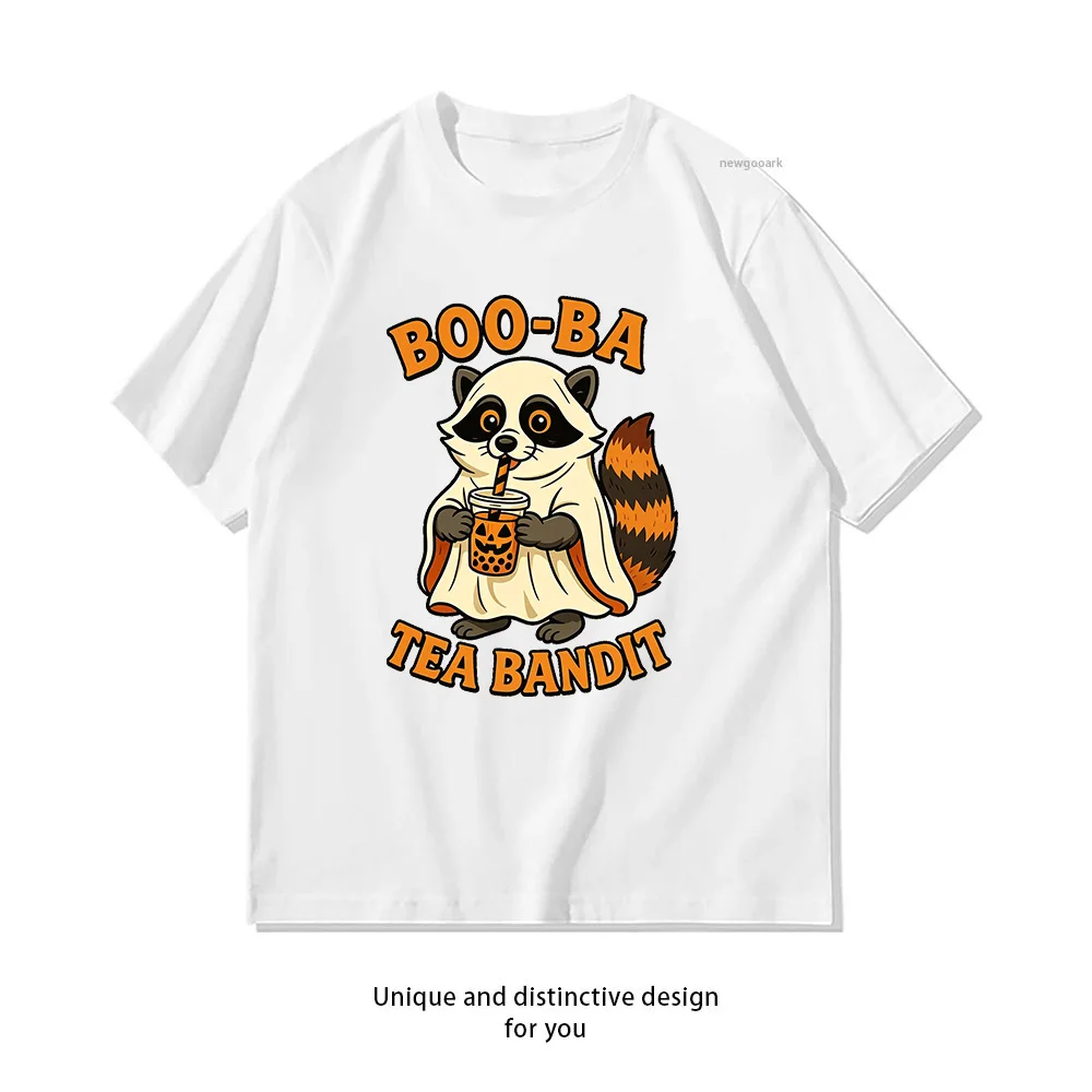 Funny Halloween Raccoon Boo Ba Tea Bandit Ghost Boba T-shirt Woman Man Summer Cotton Graphic T Shirts Adult Casual Streetwear