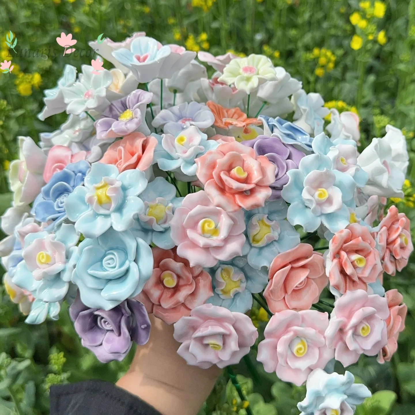 

Jingdezhen handcrafted ceramic bouquet with preserved flowers - realistic hand-tied floral arrangement ornament