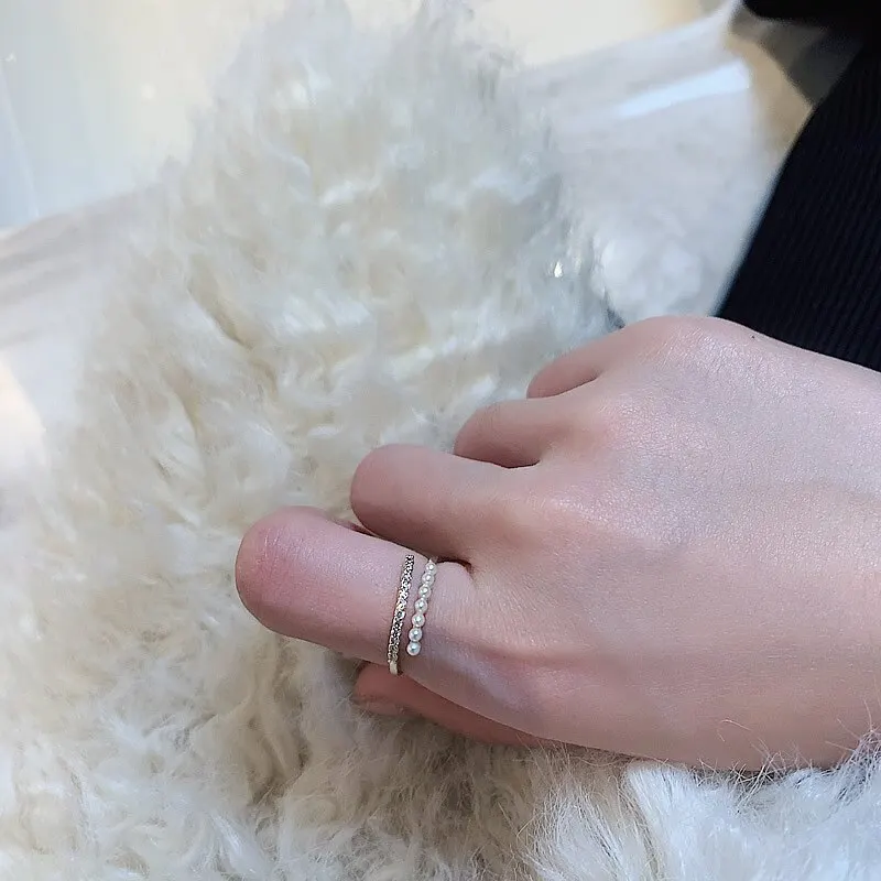 Light Luxury Micro Rhinestone Rings for Woman Gold-color Elegant Simulated Pearl Open Ring Party Wedding Stackable Ring Jewelry image 3
