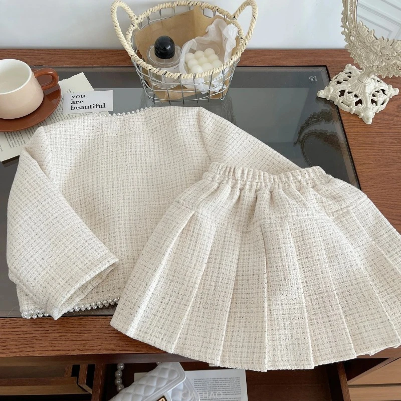 

Teen Girl Clothes 2025Tweed Two Piece Skirt Children Beige Boutique Outfit Coat Suit Costume Sets Luxury Designer Kids Clothing