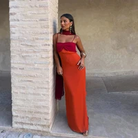 Color Blocking Scarf Collar Suspender Women Maxi Dress Spaghetti Strap High Split Floor Length Evening Dresses Lady Party Robes 2