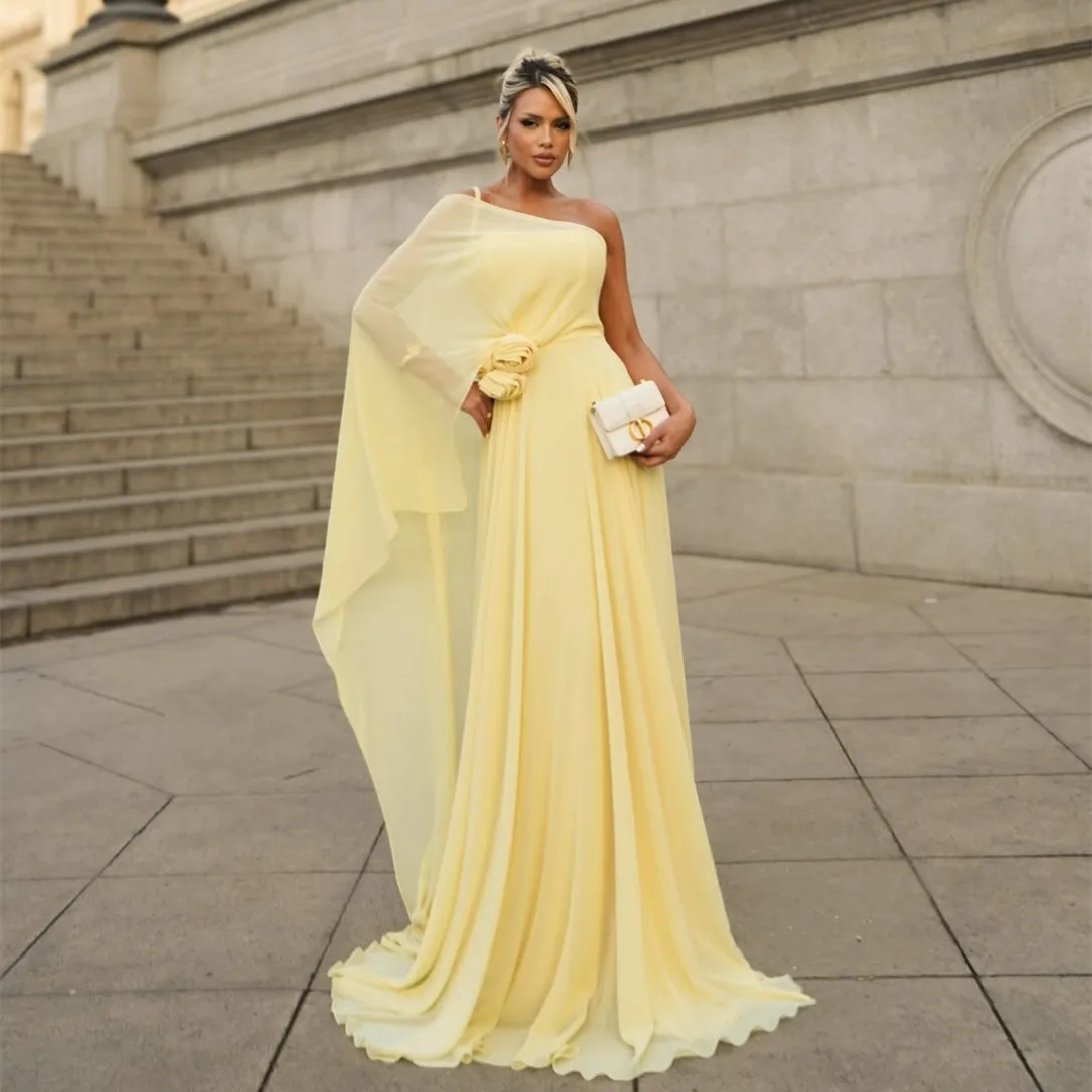 

Customized Long Chiffon Evening Dresses with Flower Mermaid One Shoulder Pleated Watteau Train Wedding Guest Dress for Women