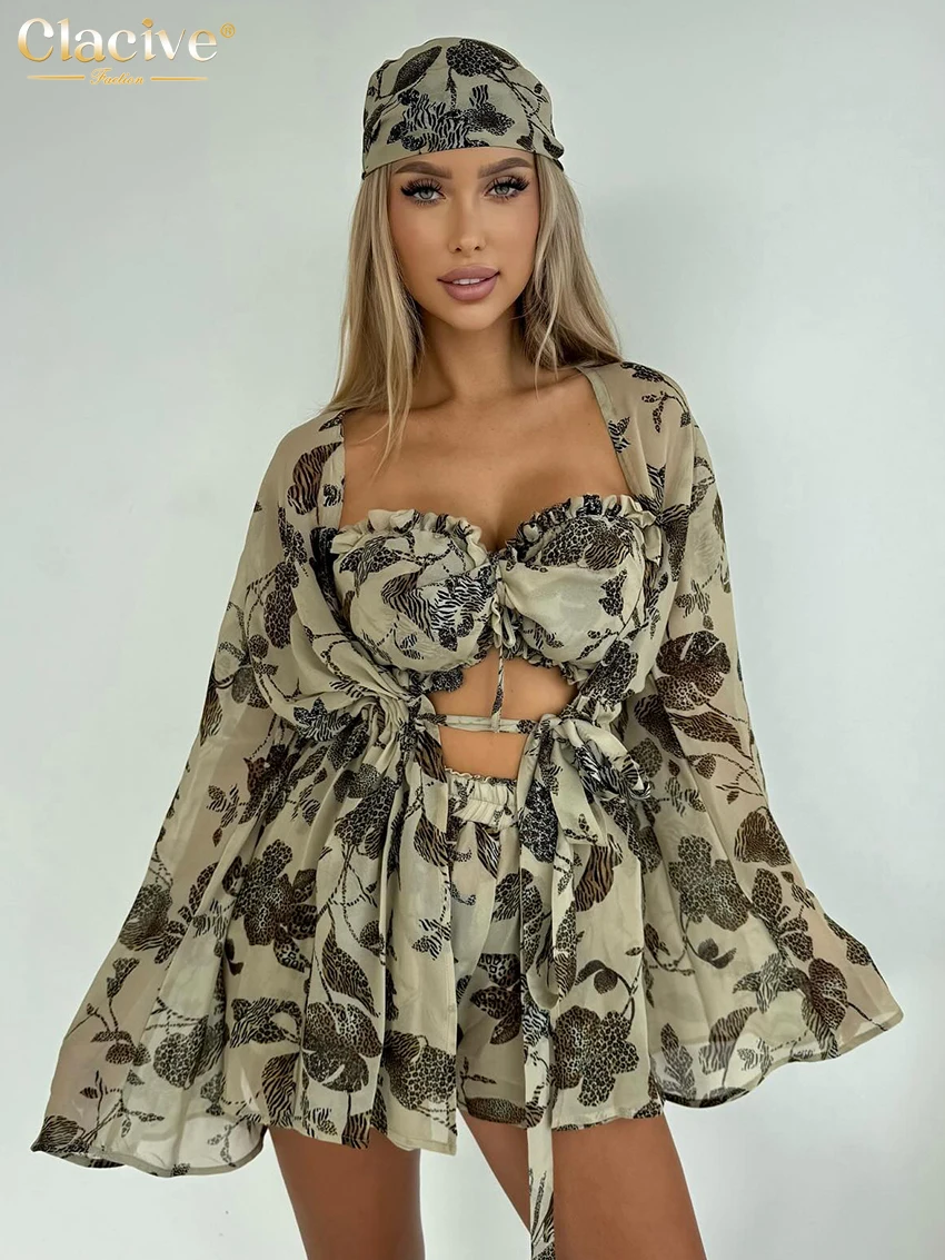 

Clacive Fashion Loose Print 3 Pieces Set Woman Elegant Long Sleeve Robes + Crop Top With High Waist Shorts Set Female Streetwear